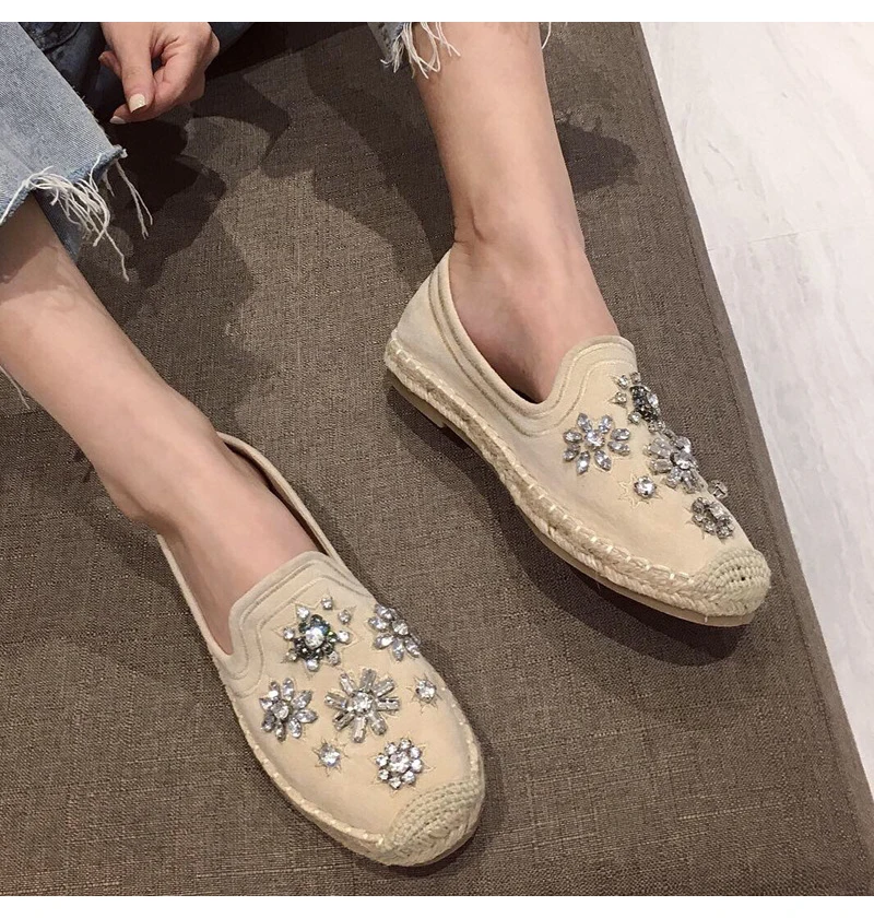 Fashion Hemp Loafers Women Espadrilles Flats Shoes Sewing Rhinestone Round Toe Ladies Casual Moccasins Slip On Brand Style New