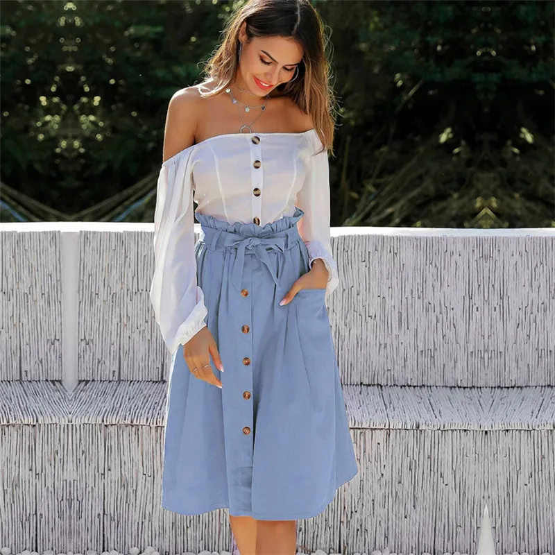 

Korean OL Long Skirt Mid-Calf 2020 Sdummer Casual Cotton Linen High Waist Lace-up Pockets Skirt For Elegant Women