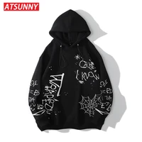 atsunny spider web print hooded hoodie punk graphic men hip hop black cool oversize coat fashion sweatshirt streetwear