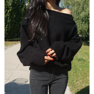 

Korean Style 2020 Autumn And Winter Vintage Sweater Women Sexy Off Shoulder Oversized Pullovers Slash Neck Buttons Jumper