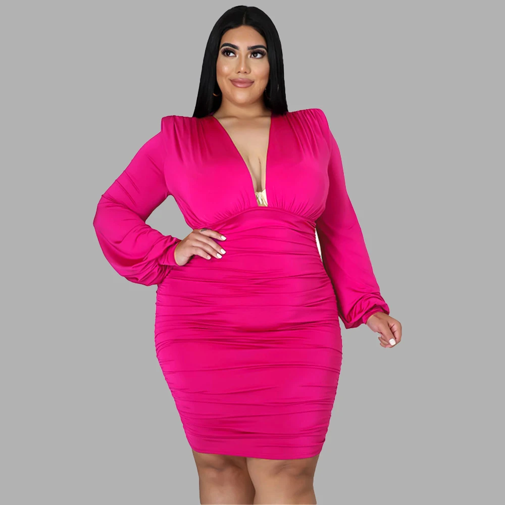 

Sexy Plus Size Dresses Fashion Deep V Collar Long Sleeve Pleated Solid Color High Waist Elegant Women Mini Dress Wholesale