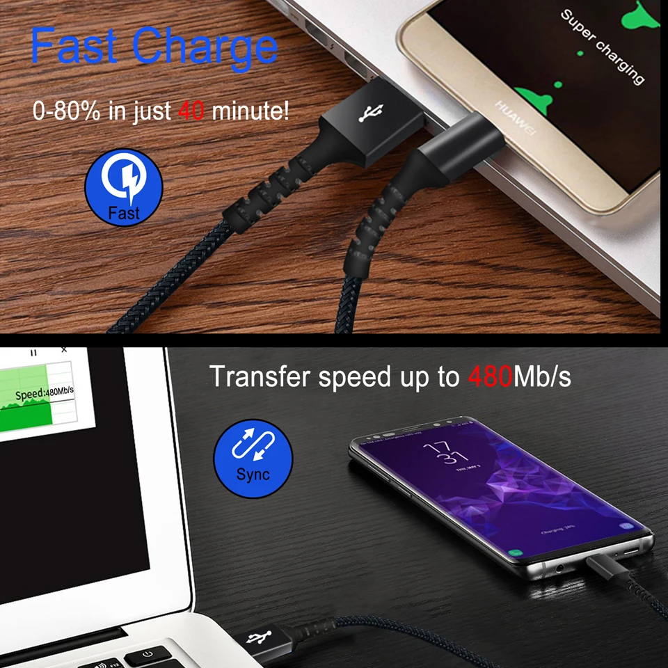 Bochara Плетеный 4А usb type C кабель для быстрой зарядки из фольги+ Плетеный экранированный кабель для мобильного телефона 50 см 1 м 2 м