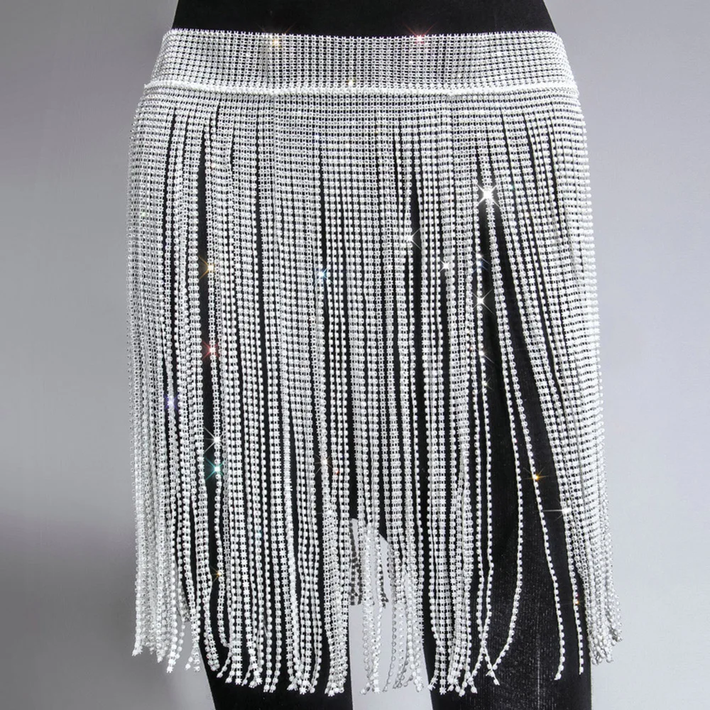 

Fashion Flash Rhinrstone Tassel Skirt for Women Streetwear Sparkly Diamond Beachwear Accessories Bandage High Waist Party Skirt
