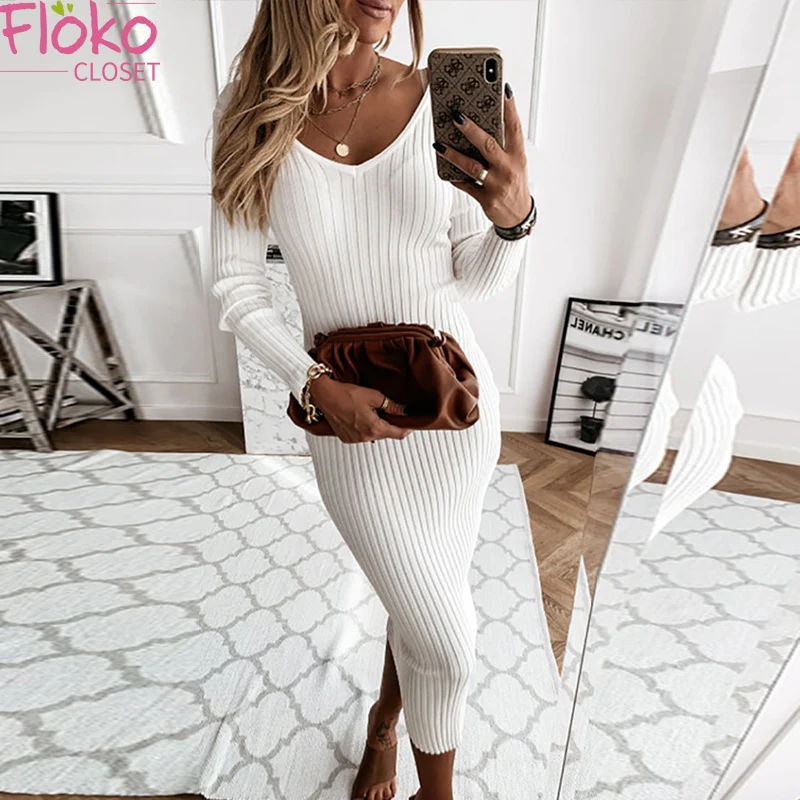 

Flokocloset Autumn Long Sleeve Solid Maxi Dress Women Casual Holiday Style V-Neck Buttock Party Bodycon Dress