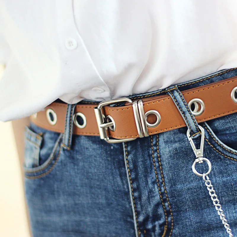 

Женский кожаный ремень с цепочкой в стиле панк, регулируемый ремень с одним рядом отверстий, с пряжкой, поясные ремни для джинсов, декоратив...