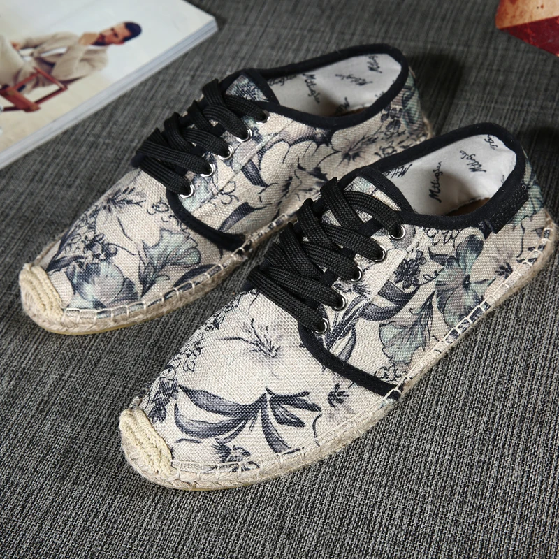 

Summer Fashion Couple Morning Glory Straw Shoes Cover Wear Outdoor Loafers Male Flower Print Flat Shoes Women Large Size 36-45