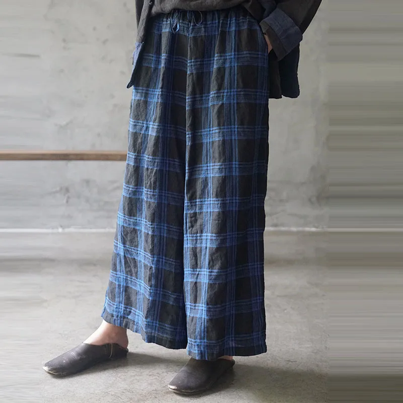 Для женщин клетчатый хлопчатобумажный элистичные средней посадки прямые брюки