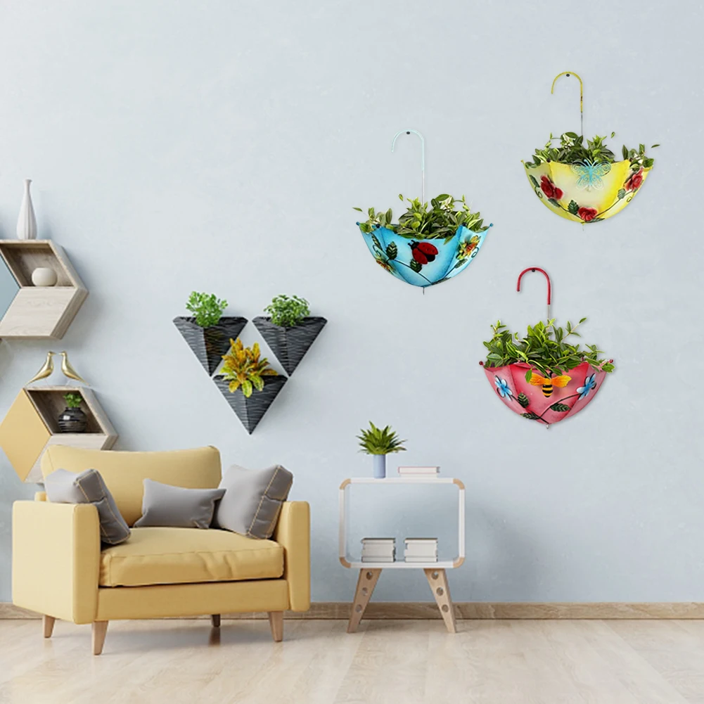 

3pcs Umbrella Shape Garden Indoor Outdoor Hanging Planter Plant Holder Yard Living Room Porch Wall Mounted Patio Iron Art