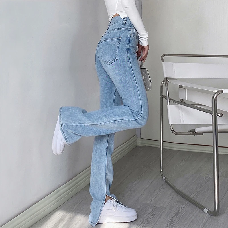 

Flared Jeans Women High Waisted Wide Leg Slit Vintage Denim Trousers Solid Casual Fashion Mom Pants Full Length Oversize Street