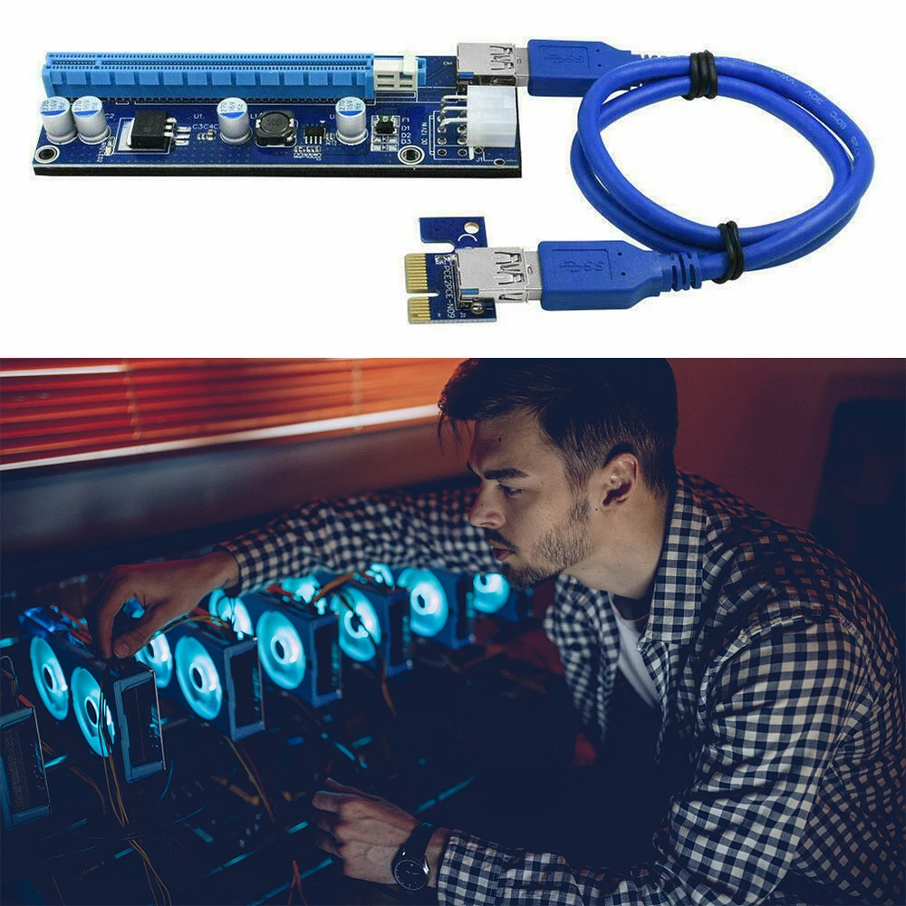 

VER006C PCI-E Riser Card PCI Express PCIE 1X to 16X Extender Adapter USB 3.0 Cable SATA 15Pin to 6Pin Power for Mining Miner