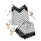 Летний женский пижамный комплект, шелковая атласная пижама в горошек, Пижама для женщин, кружевная Домашняя одежда с V-образным вырезом, 2 шт., пижама с бантом для женщин