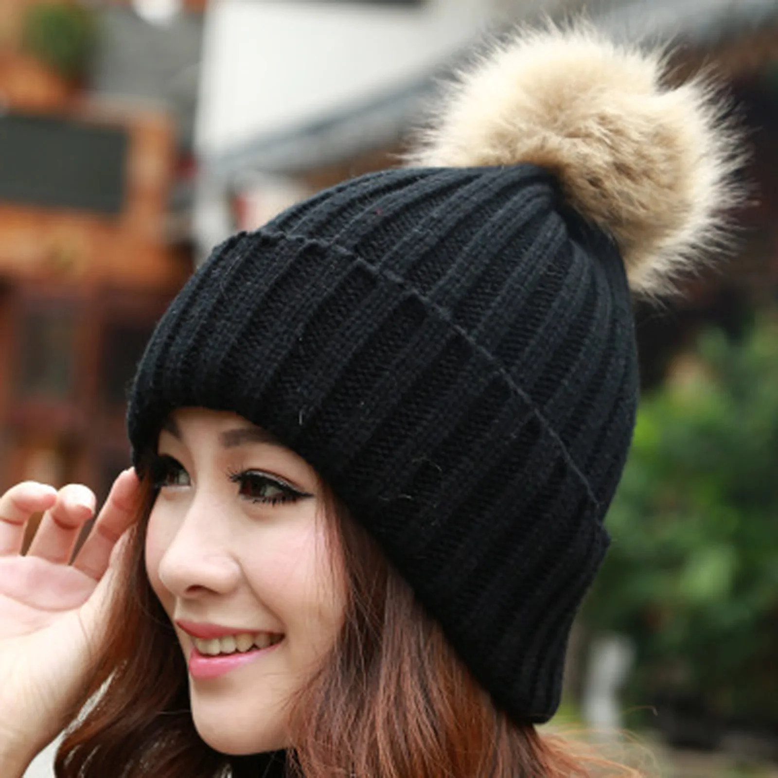 

Women Winter Warm Knitted Cute Rabbit Fur Ball Yarn Hat Simple Hats Warm Solid Color Casual Lady Fashion