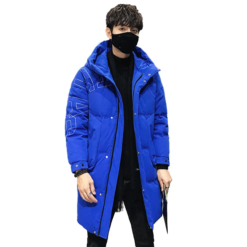 

simple new 2020 winter thick down mid length hooded jacket men's loose stand-up collar jacket bread suit trendy brand blue top