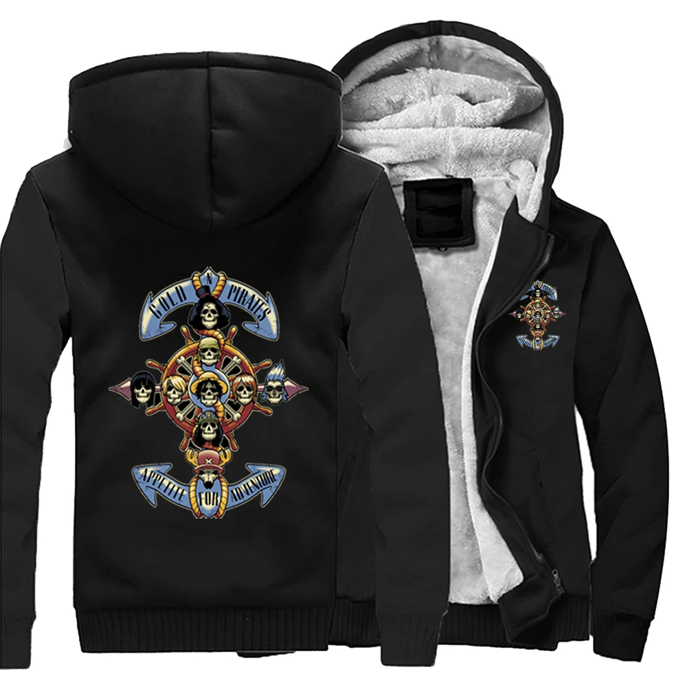 

One Piece Japan Anime Straw Hat Loose Hoodies Winter Warm Street Jackets Coat Men Thick Hoodie Printed Fitted Black Sweatshirt