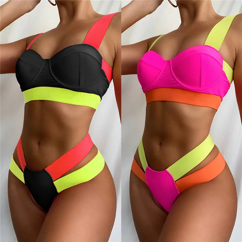 

Women's Swimsuits Sexy Swimwear Patchwork Bikini Woman Push Up Biquini Neon Bikinis Swimsuit Bathing Suits New