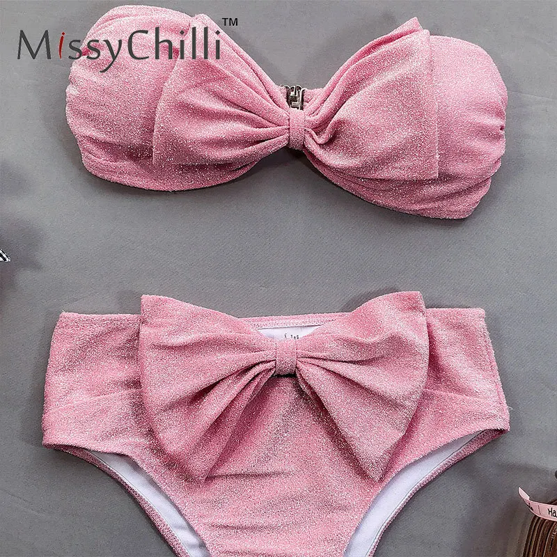 Бикини с люрексом MissyChilli и бантом купальник открытыми плечами женское бикини