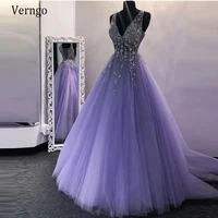 verngo v neck a line lavender evening dresses shiny beads crystal tulle sleeveless long prom gowns violet party dress elegant