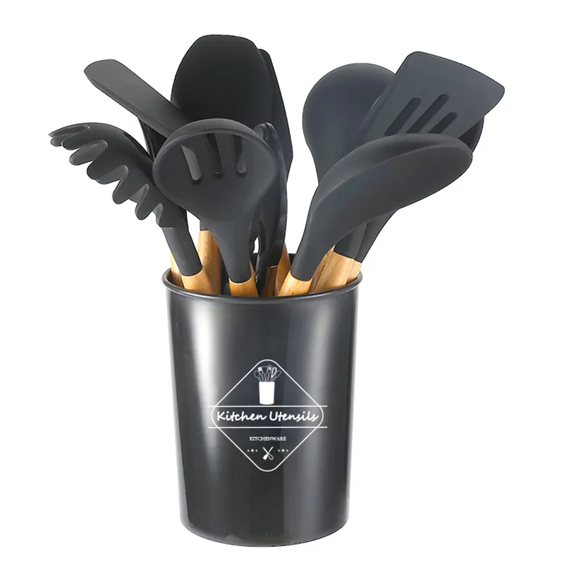 

Silicone Cooking Utensils Set Non-Stick Spatula Shovel Wooden Handle Cooking Tools Set With Storage Box Kitchen Tool Accessories