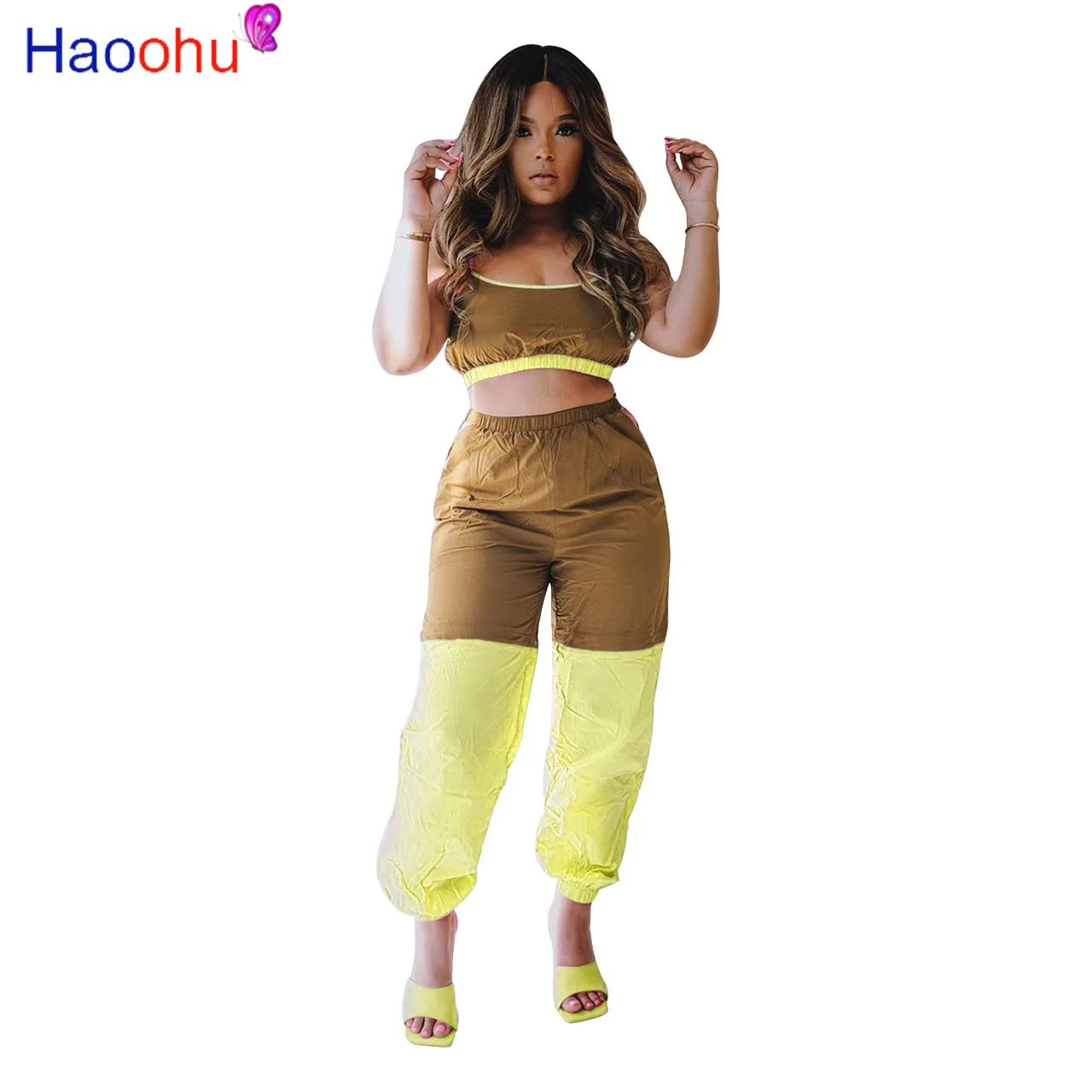 

Contrast Color Sexy Two Piece Matching Set Outfit Woomen Strapes Backless Crop Top and High Waist Herem Pants Causal Sweatsuit