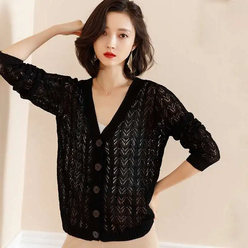 

Lightweight Sweater Cardigans for Women Summer/Spring 2021 New Thin Hollow Loose Knit Outwear Long Sleeve See Through Knit Coat