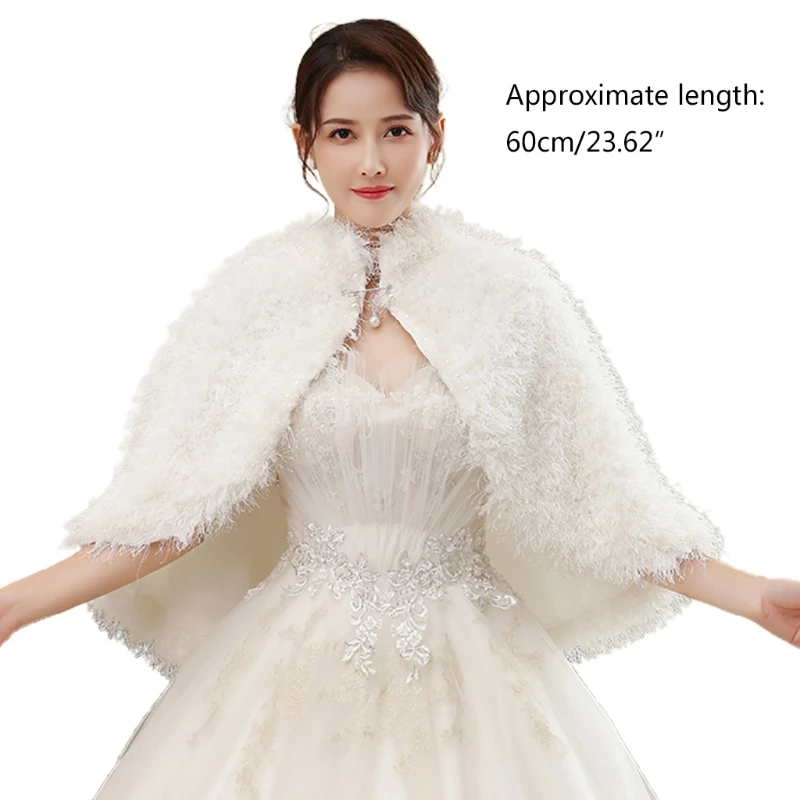 

Women Winter Wedding Fluffy Plush Shrug Shawl Wrap Imitation Pearl Beading Jewelry Thicken Warm Bridal Stole Scarf Cape