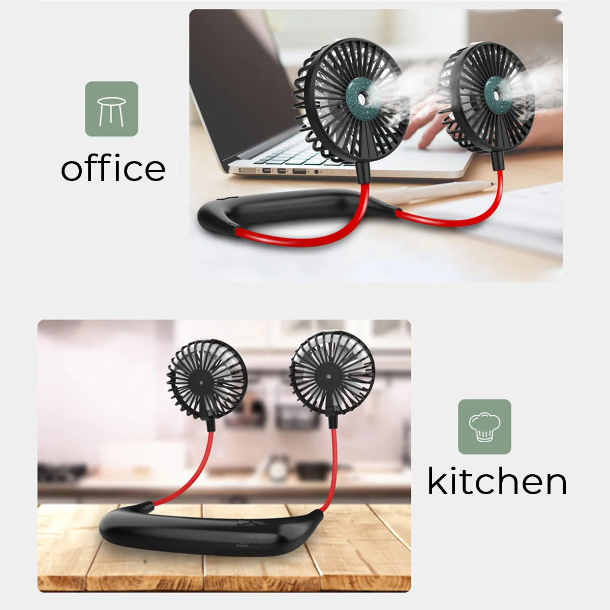 

AUGIENB Spray Cooling USB Portable Fan Cold Fan Hands Free Neck Fan Hanging Rechargeable Sport 3-speed Adjustable Neck Dual Fans