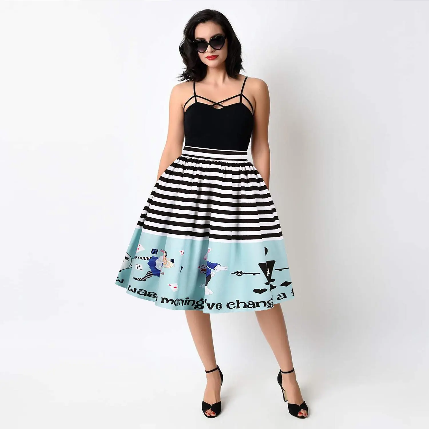 

2021 Summer New Fahion Women High Waist Pleated Skirt Cartoon Printed Knee Length Skirts Retro Vintage Swing Skirts Ladies Dress