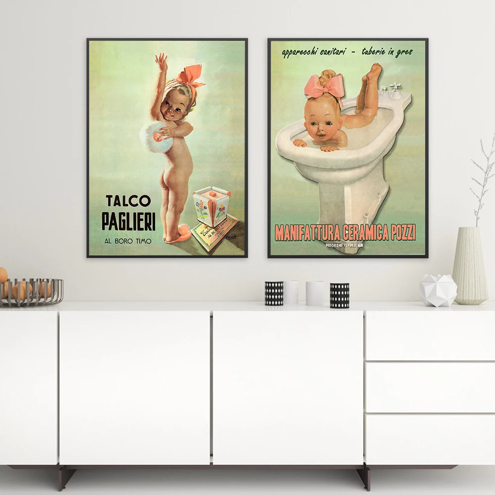

Italian Vintage Ad Watersafe Canvas Baby Taking a Bath Poster and Prints Shower Gift Baby Girl Room Bathroom Wall Decor Pictures