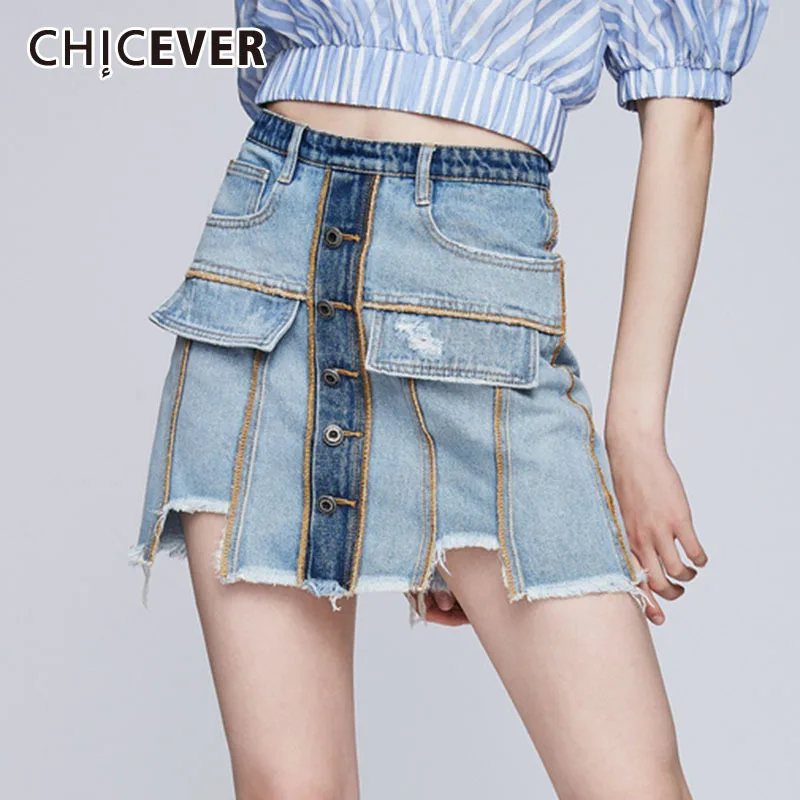 

CHICEVER Casual Hit Color Denim Skirt For Women High Waist Patchwork Pockets Hole Tassel Sexy Skirts Female Summer Fashion 2021