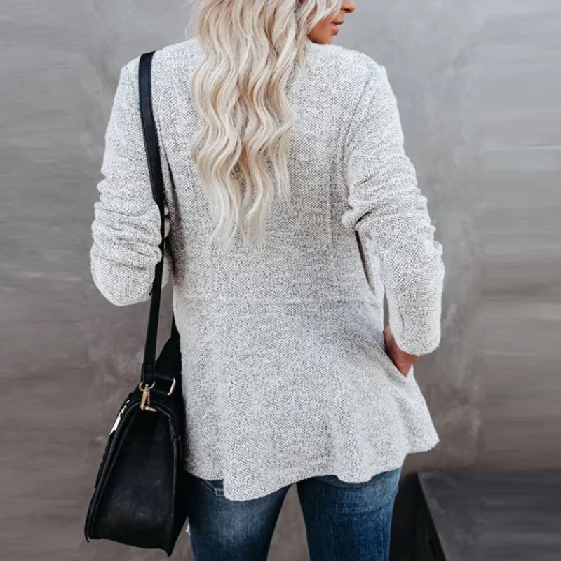 

Casual Spring Autumn Women Simple Solid Trench Coat Elegant Gray Asymmetric Length Outerwear Femme Loose Open Stitch Pocket Coat