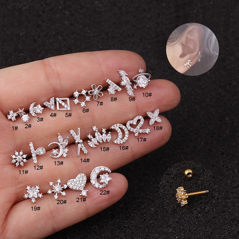 

1PC Heart Snowflake Moon Cz Ear Studs Helix Piercing Cartilage Earring Conch Rook Tragus Stud Labret Back Piercing Jewelry