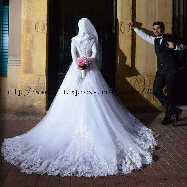 2019 Robe De Mariee New Muslim Long Sleeves A-line Wedding Dresses Lace Appliques Corset Back Plus Size Arabic Heavey Handworks Custom-Made High Neck