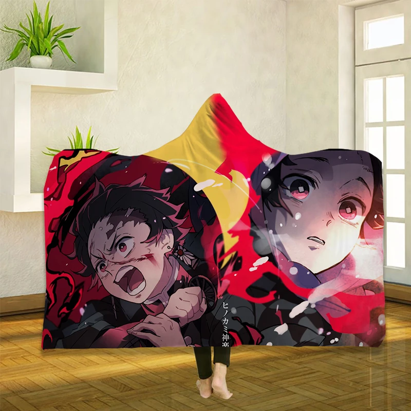 Anime Demon Slayer 3D Printing Throw Hooded Blanket Wearable Warm Fleece Bedding Office Quilts Soft Adults Travel 07 |
