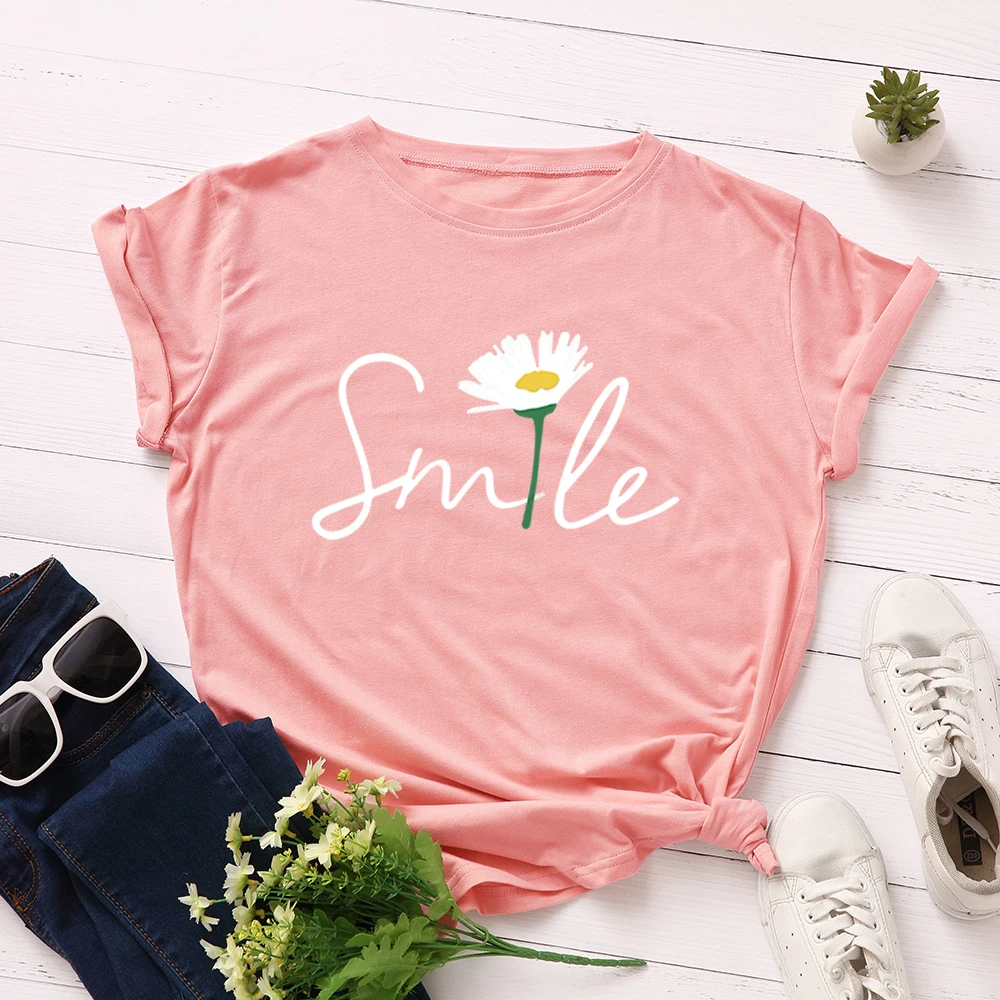 

Letter Smile Flower Printed Women Short Sleeve Cotton T-Shirts Graphic Tees Summer Tee Tops for Female Casual Oversized Clothes