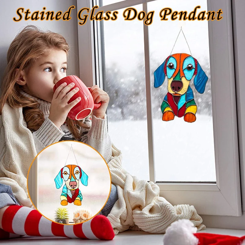 

Colorful Glass Dog Window Decoration Stained Painted Pendant Glass Sun Visor Cartoon Acrylic Craft Ornament Car Home Decor