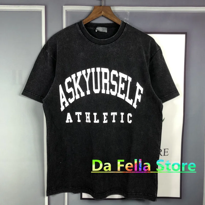 

Винтажная белая футболка ASKYURSELF 2021SS для мужчин и женщин, Высококачественная Спортивная футболка с принтом сзади ASKYURSELF, топы с коротким рукав...