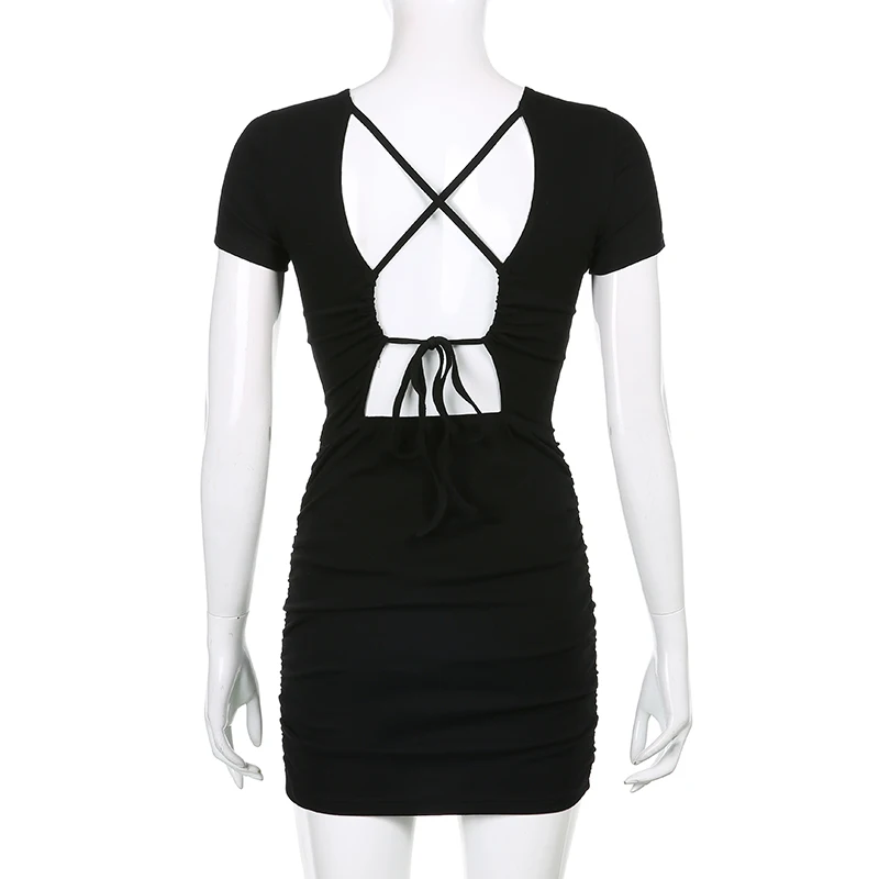 

Ribbed Knit Letter Embroidery Summer Y2k Mini Dress Women Sexy Backless Bandage 2021Short Sleeve Sundress Ruched Dresses Outfits