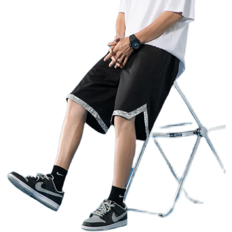 

2021 Summer Cargo Shorts Men Patchwork Men's High Street Drawstring Knee Length Pants Print Casual Shorts Male