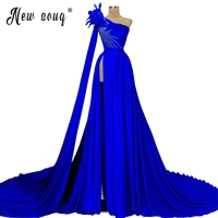 royal blue african prom dresses with feathers one shoulder with split side 2021 beads long sleeve cape evening gowns