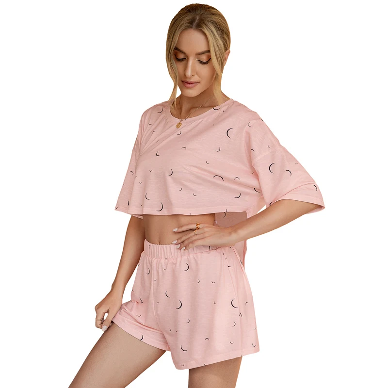 

Women Summer Pajamas Set Pyjamas Short Sleeves Suit Solid Color Soft Sleepwear Female Cartoon Moon 2 Piece Set Homewear