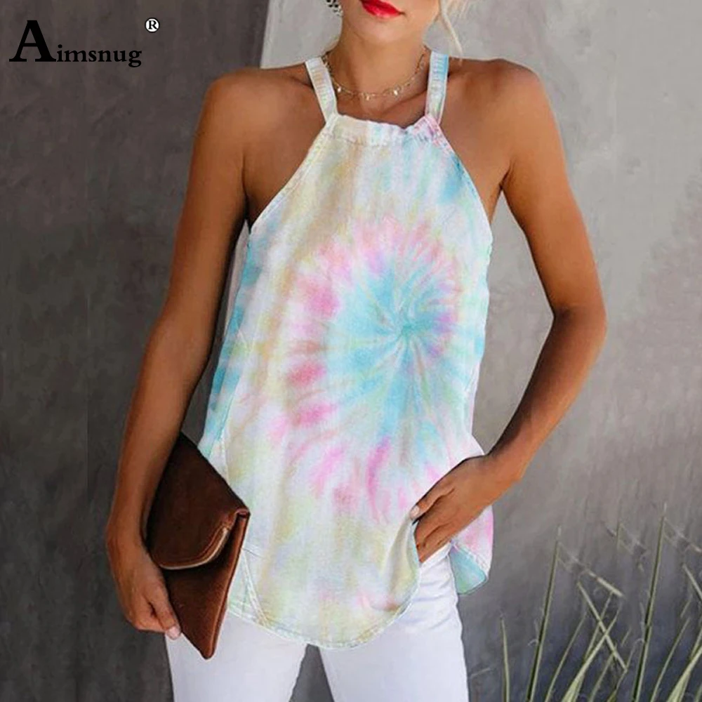 

Aimsnug 2020 Women Halter Tank Top Summer Casual Shirt Plus size Ladies Tshirt Sleeveless butterfly Dyeing Print Vest Clothing