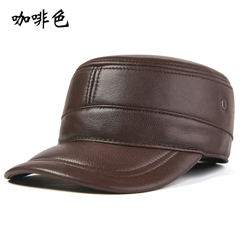 Men Army Military Hat Fashion Brands Cap Leather Old Men Hats Leather Cap Men's Flat Caps Genuine Leather Cap