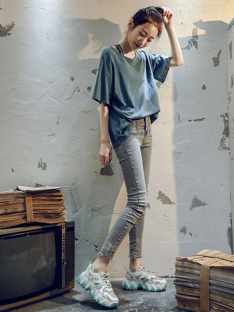 

White Women Platform Sneakers Leather Causal Ladies Chunky Sneakers Woman High Black Sports Fashion Brand Thick soled Shoes36-42