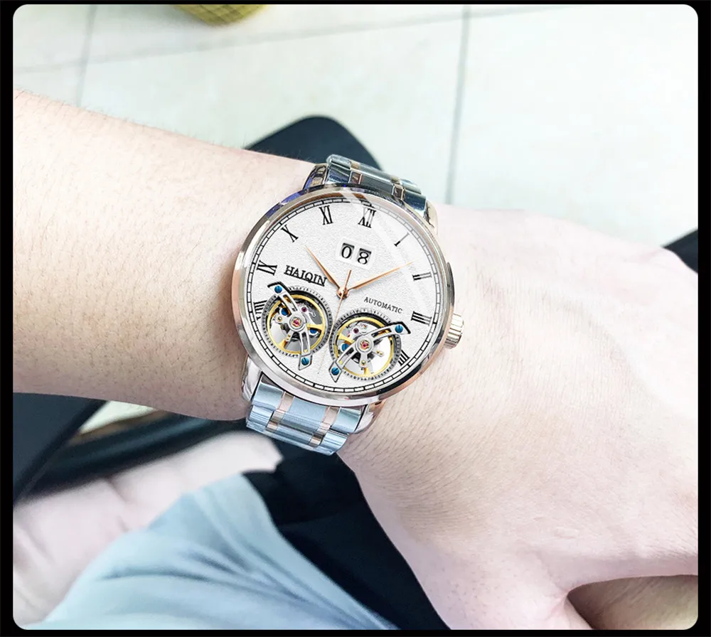 HAIQIN Men Mechanical Automatic Double Tourbillon Calendar Stainless Steel Wrist Watches Top Brand Luxury Military Male Clock
