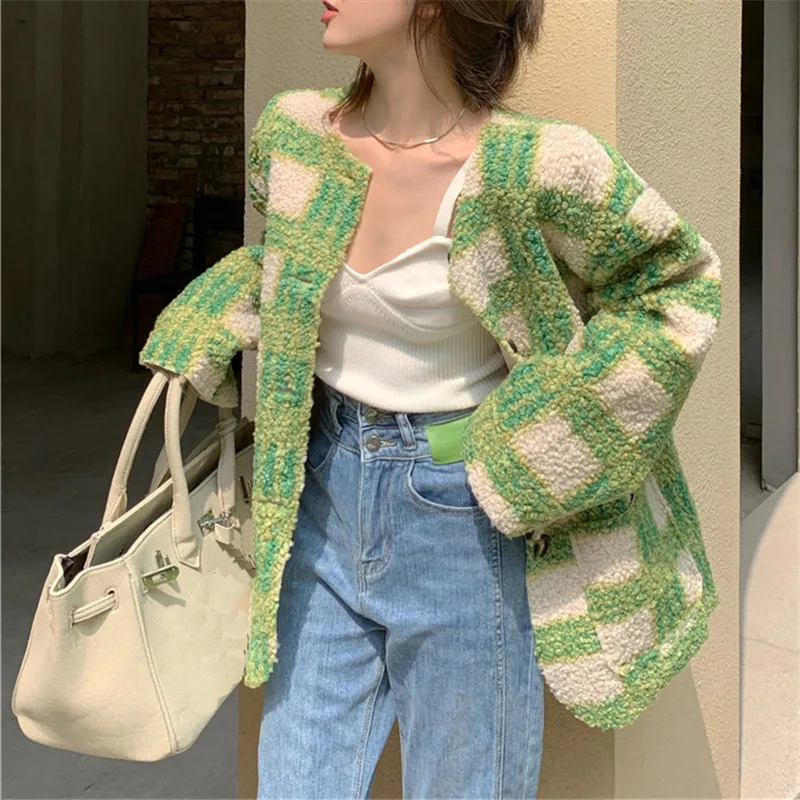 Sungtin Wool Fleece Plaid Coat Women Winter Lamb Faux Fur Overcoat Female Loose Thick Warm Green oversized Jacket Lady Elegant | Женская