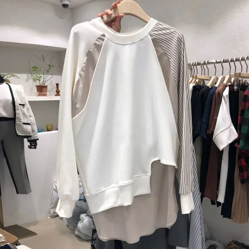 

Sweatshirt Women 2020 Spring Autumn Color Patchwork Irregular Personality Pullovers Female Loose Hoodies Student Tops