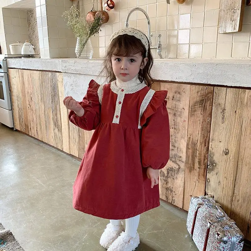 

Girls Warm Sweatshirt Dress 2021 Autumn Children Fleece Ruffle Robe Loose Casual Midi Dresses For Kids Elegant Dresses