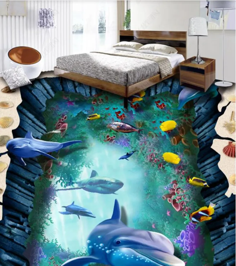 

PVC waterfall dream forest lotus carp non-slip waterproof self-adhesive 3D floor sticker tiles bathroom 3D wallpaper