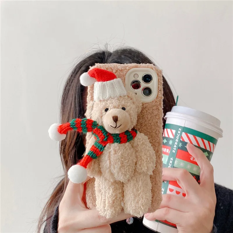 

Warm Plush Christmas Bear Gift Phone Case For iPhone 12 11 Pro Max Mini XS Max XR X 7 8 Plus Cute Cartoon Furry Fluffy Fur Cover