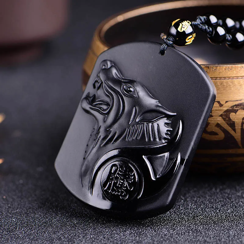 

Natural Black Obsidian Wolf Jade Pendant Jewelry Beads Necklace Chinese Hand-Carved Accessories Fashion Amulet Men Women Gifts